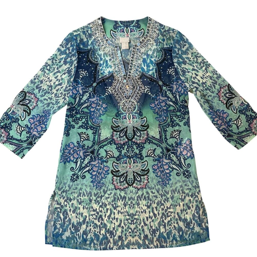 Chico's Blue Bedazzled, Funky Printed, Quarter Sleeve, Long Blouse- 00(0/2) - Picture 1 of 8